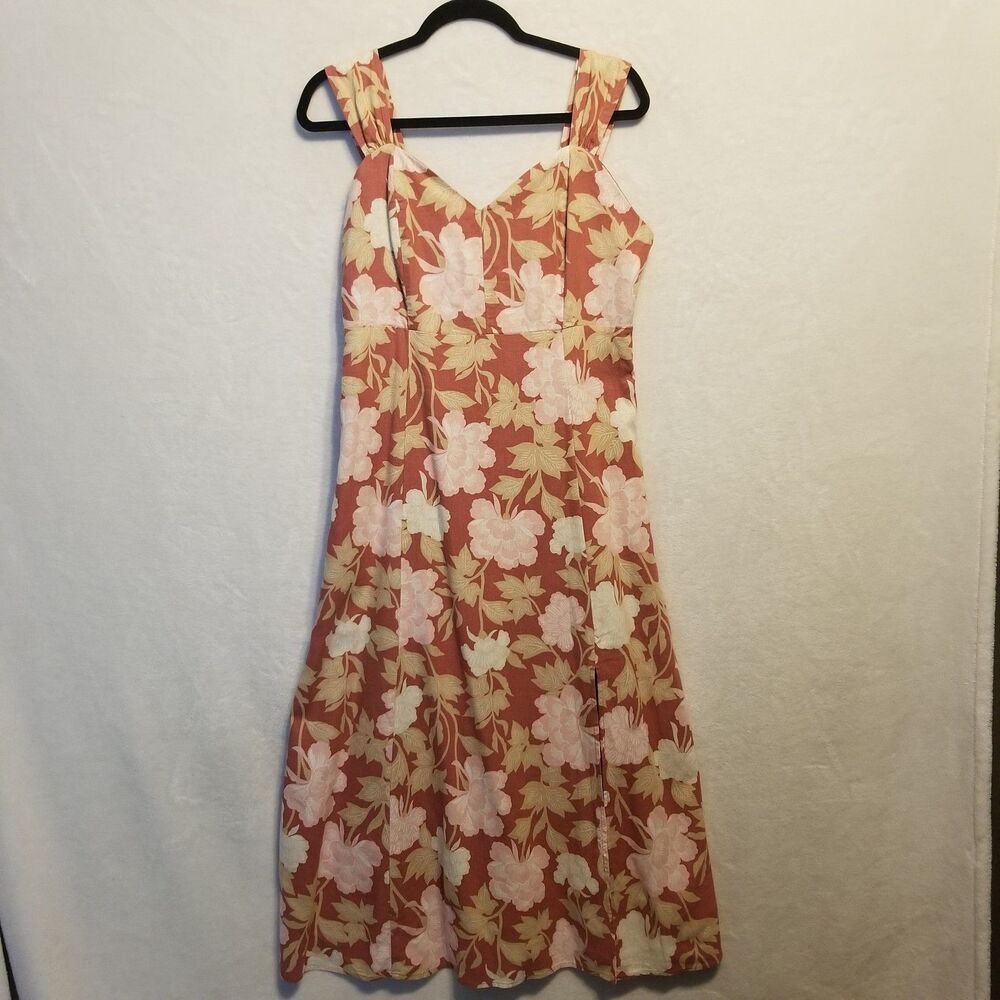 Ryegrass L Dress Midi Pink Floral Linen Blend Smocked Back Garden Party Coastal